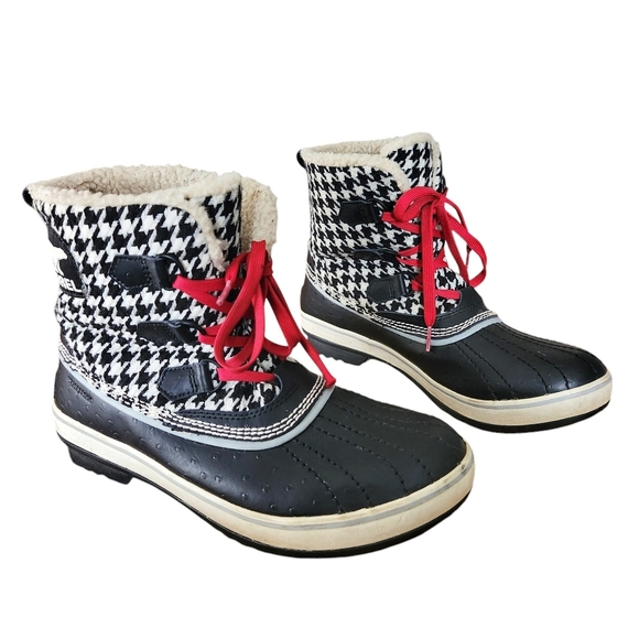 Sorel Tivoli Boots US 9 Black Cream Houndstooth Winter Lace-Up - Picture 1 of 12